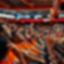 A vibrant basketball arena filled with enthusiastic fans