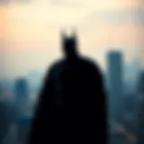An iconic representation of Batman's silhouette against a city skyline