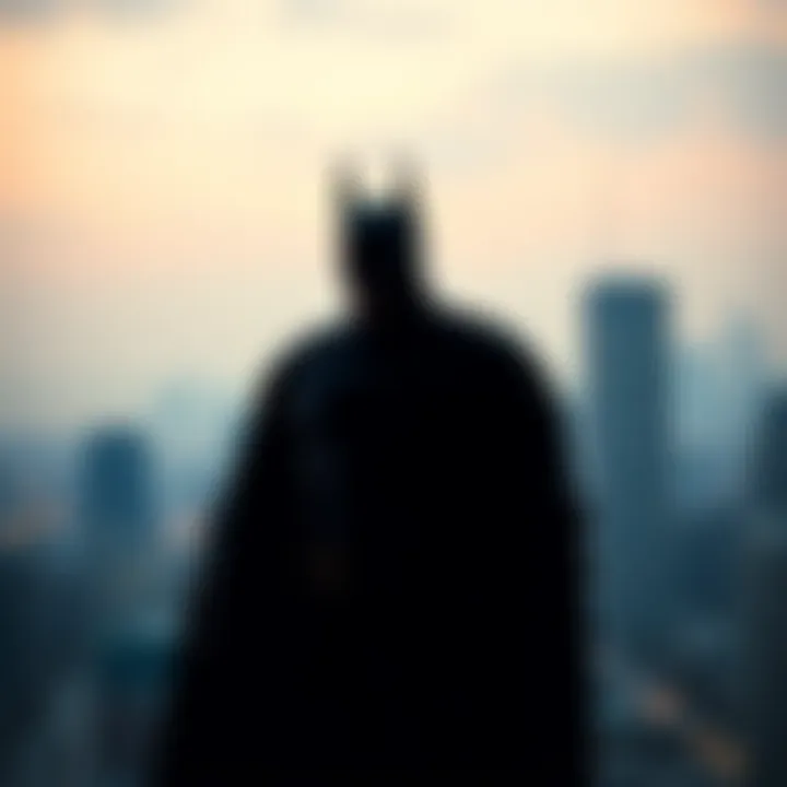 An iconic representation of Batman's silhouette against a city skyline