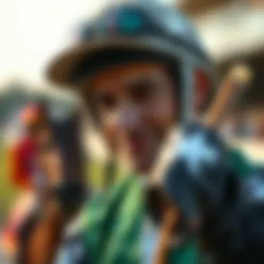 Close-up of a jockey in traditional attire preparing for a race