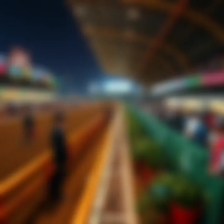A panoramic view of a lively horse racing venue