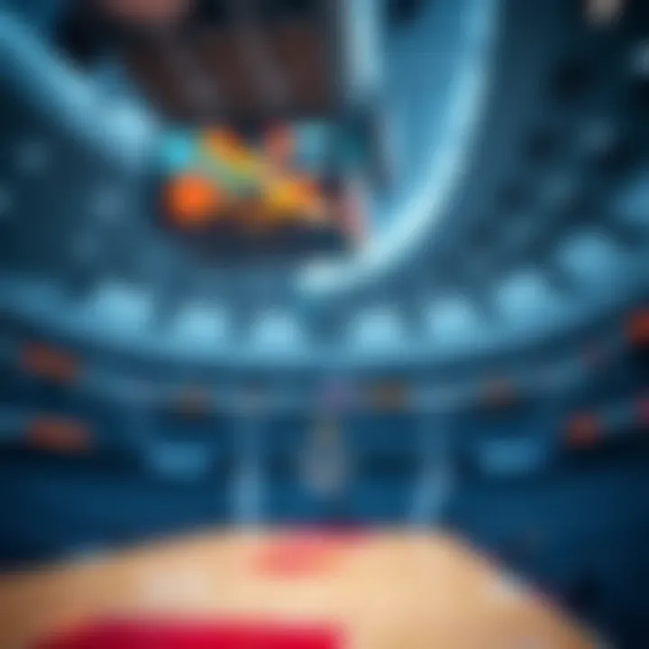 A sleek, modern basketball stadium showcasing advanced technology