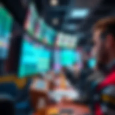 A vibrant scene of a sports betting environment with screens displaying odds